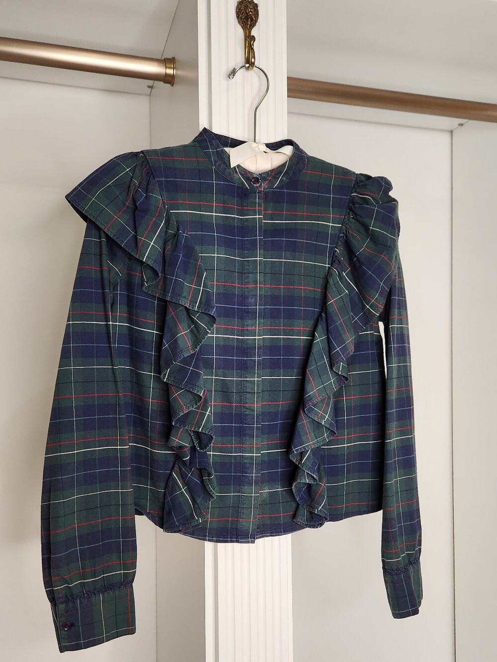 bp Green and Navy Plaid Ruffle Front Button Blouse
